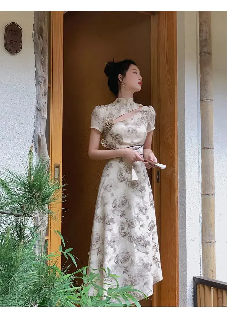 Vevesc Vintage Elegant Cheongsam Dress Women Irregular Floral Party Fairy Midi Dress Female Luxury Court Retro Long Dress