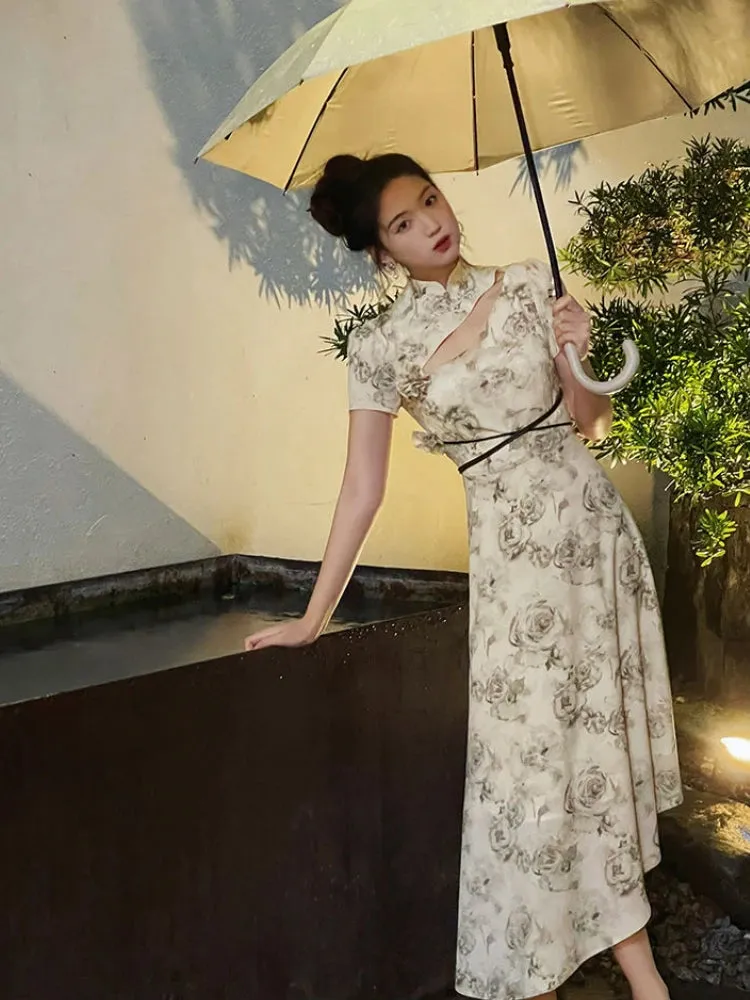 Vevesc Vintage Elegant Cheongsam Dress Women Irregular Floral Party Fairy Midi Dress Female Luxury Court Retro Long Dress