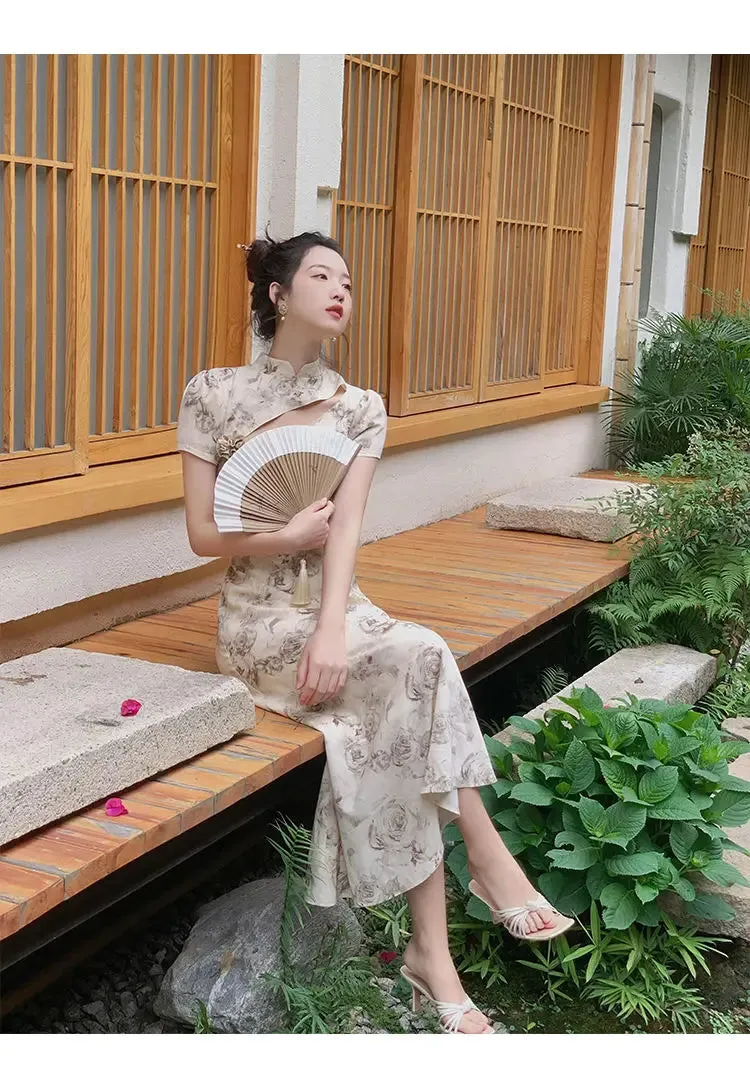Vevesc Vintage Elegant Cheongsam Dress Women Irregular Floral Party Fairy Midi Dress Female Luxury Court Retro Long Dress