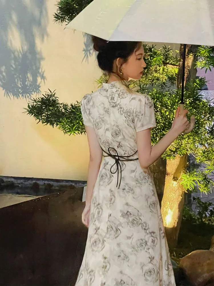 Vevesc Vintage Elegant Cheongsam Dress Women Irregular Floral Party Fairy Midi Dress Female Luxury Court Retro Long Dress