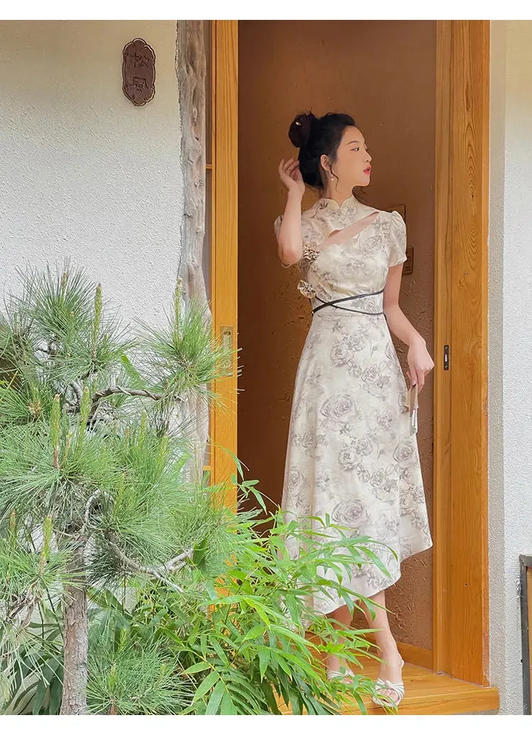Vevesc Vintage Elegant Cheongsam Dress Women Irregular Floral Party Fairy Midi Dress Female Luxury Court Retro Long Dress