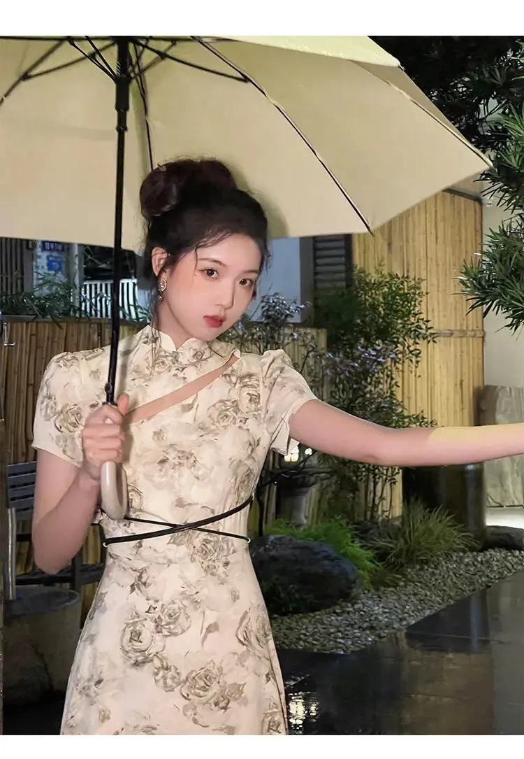 Vevesc Vintage Elegant Cheongsam Dress Women Irregular Floral Party Fairy Midi Dress Female Luxury Court Retro Long Dress