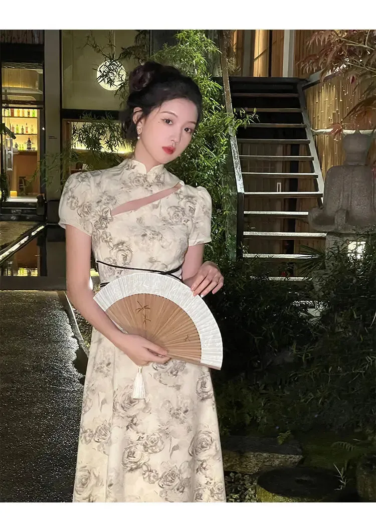 Vevesc Vintage Elegant Cheongsam Dress Women Irregular Floral Party Fairy Midi Dress Female Luxury Court Retro Long Dress
