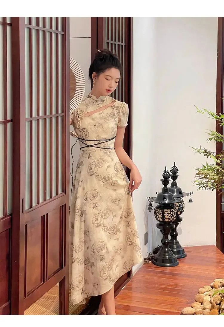 Vevesc Vintage Elegant Cheongsam Dress Women Irregular Floral Party Fairy Midi Dress Female Luxury Court Retro Long Dress