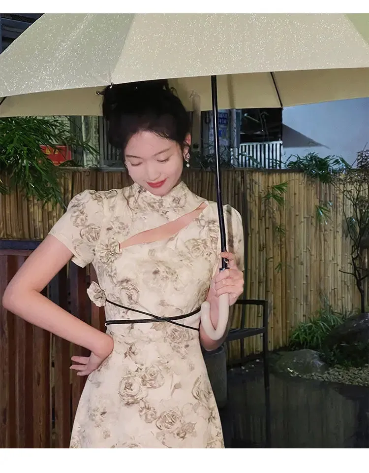 Vevesc Vintage Elegant Cheongsam Dress Women Irregular Floral Party Fairy Midi Dress Female Luxury Court Retro Long Dress