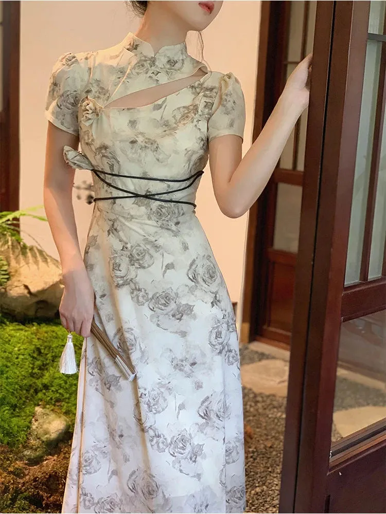 Vevesc Vintage Elegant Cheongsam Dress Women Irregular Floral Party Fairy Midi Dress Female Luxury Court Retro Long Dress