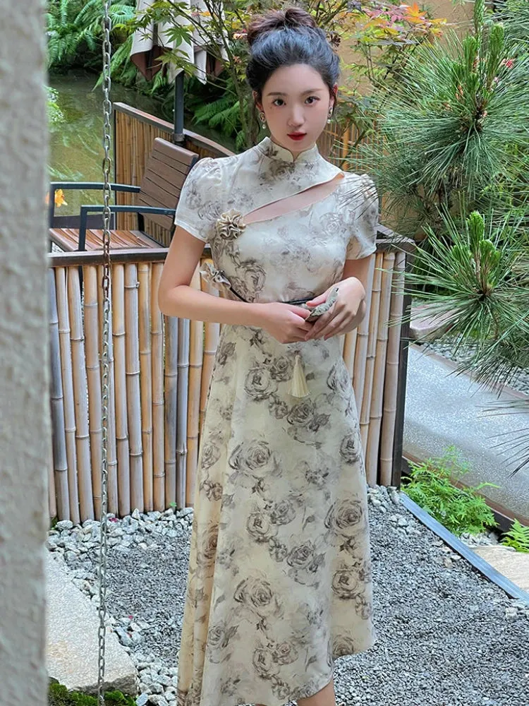 Vevesc Vintage Elegant Cheongsam Dress Women Irregular Floral Party Fairy Midi Dress Female Luxury Court Retro Long Dress