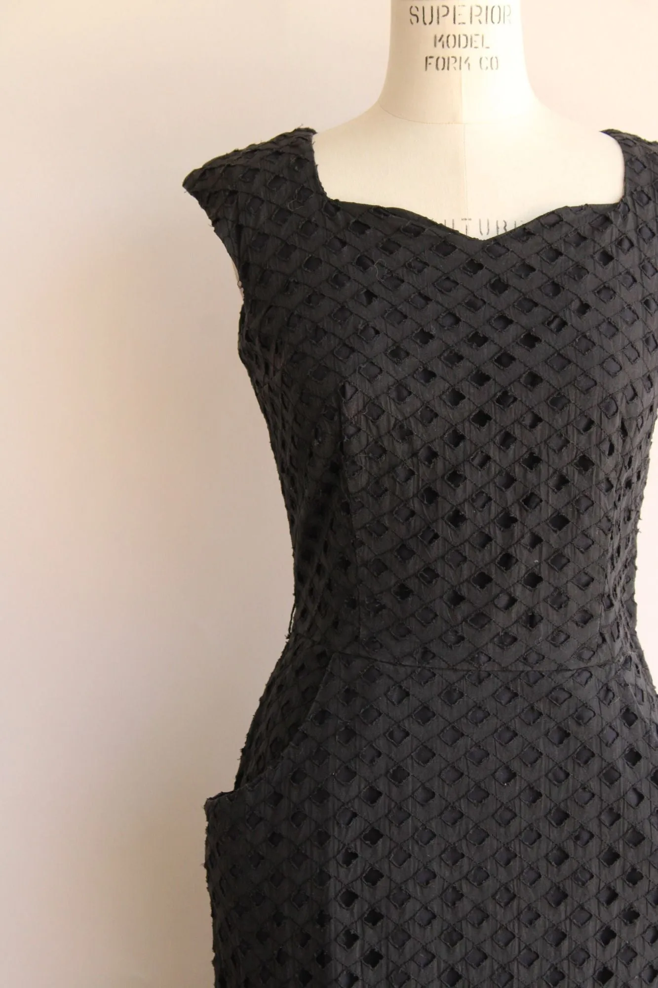 Vintage 1950s Black Lattice Work Wiggle Dress With Pockets