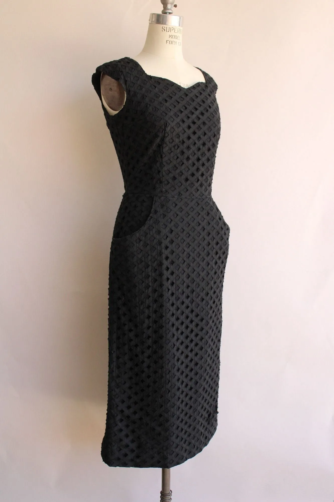Vintage 1950s Black Lattice Work Wiggle Dress With Pockets