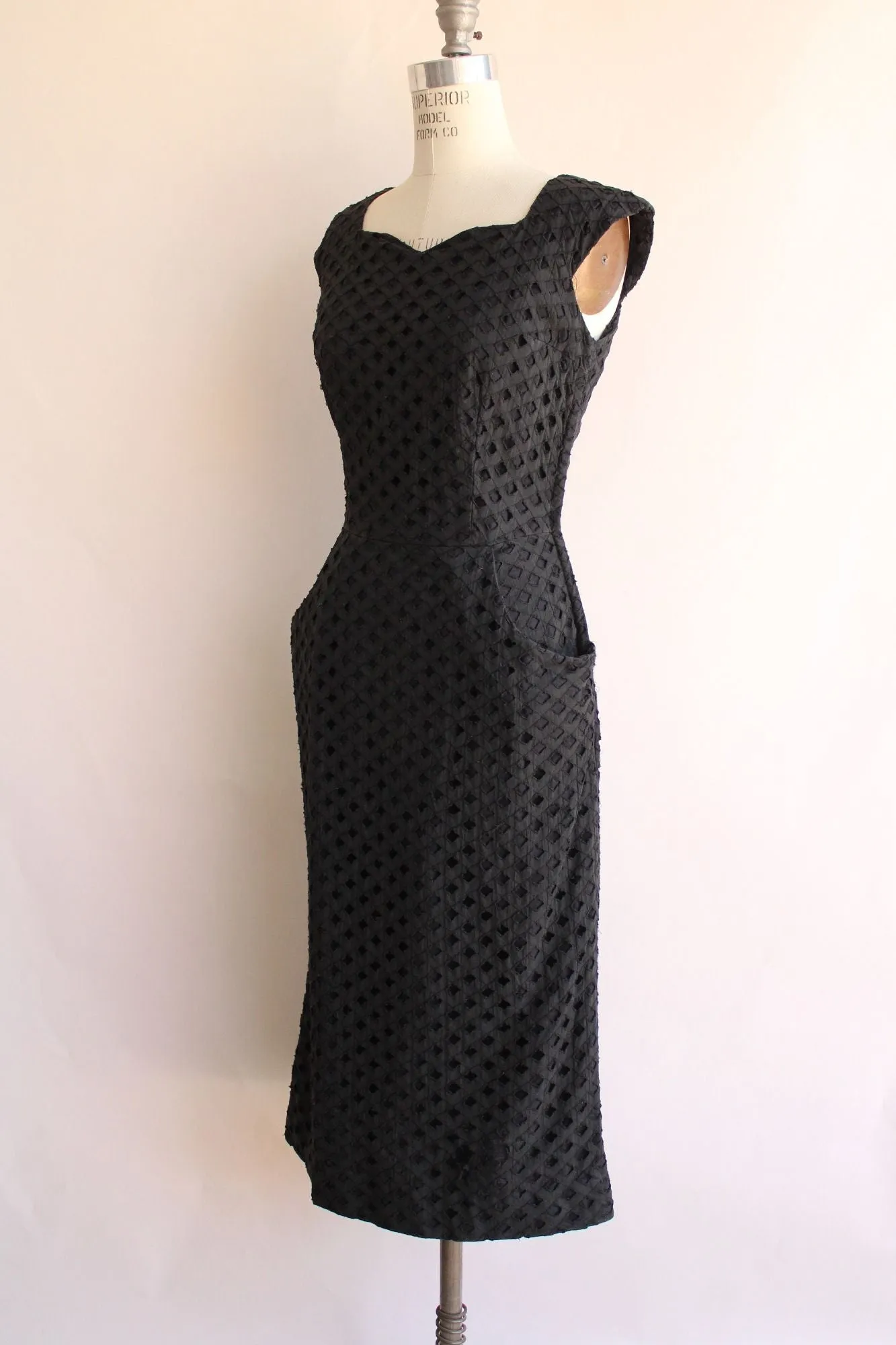 Vintage 1950s Black Lattice Work Wiggle Dress With Pockets