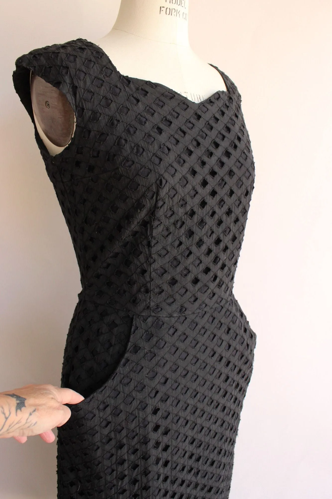 Vintage 1950s Black Lattice Work Wiggle Dress With Pockets