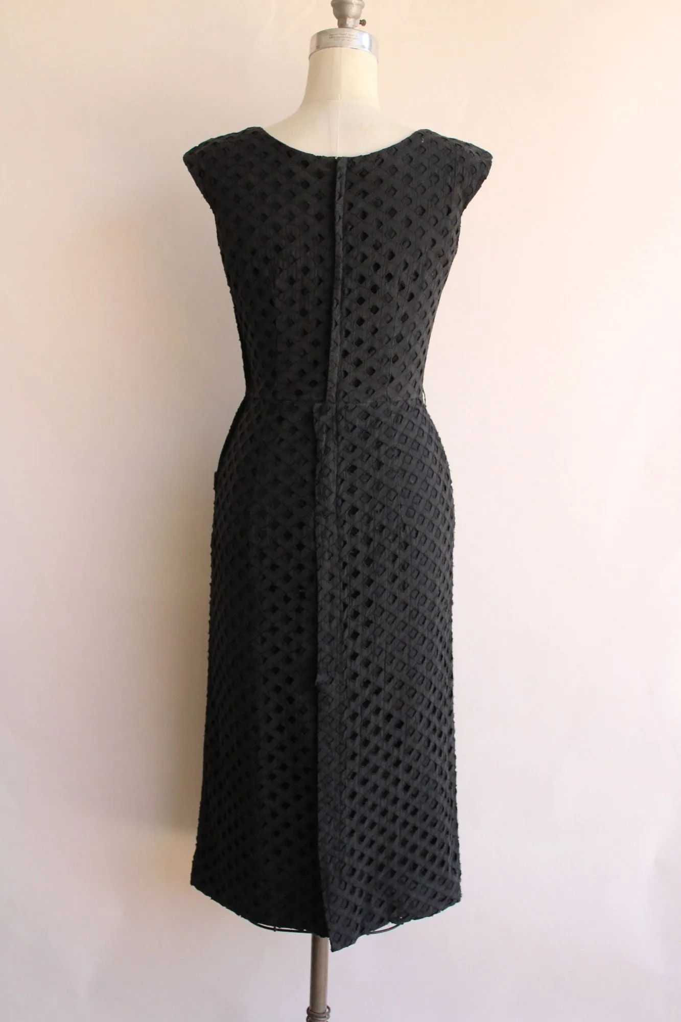 Vintage 1950s Black Lattice Work Wiggle Dress With Pockets