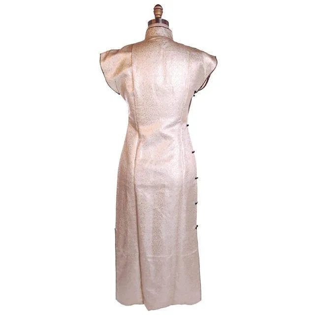Vintage 1950s Metallic Cheongsam Qipao Copper Brown Damask Dress  34-28-37