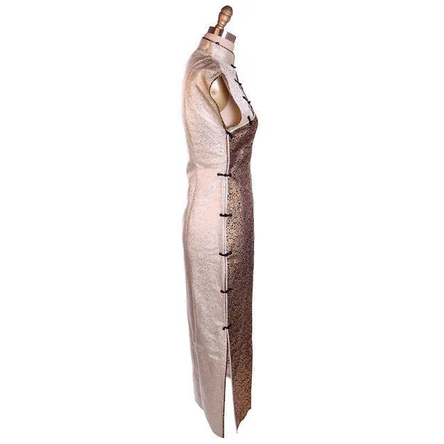 Vintage 1950s Metallic Cheongsam Qipao Copper Brown Damask Dress  34-28-37