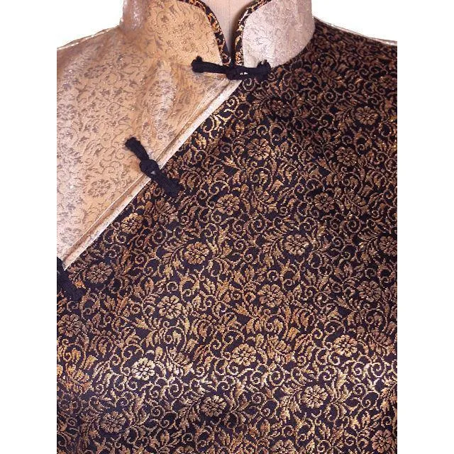 Vintage 1950s Metallic Cheongsam Qipao Copper Brown Damask Dress  34-28-37