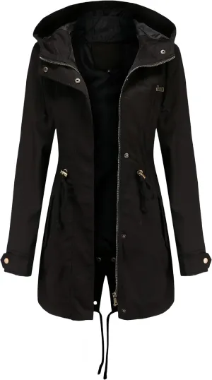 Women Trench Coat Windbreaker Zip Up Jacket With Pockets Casual Long Sleeve Outwear with Waist Drawstring