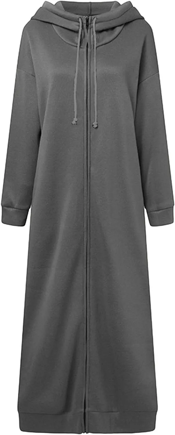 Womens Fashion Zip Up Jackets Ankle Length Hooded Coat Long Sleeve Drawstring Slouchy Novelty Loose Comfy Hoodies