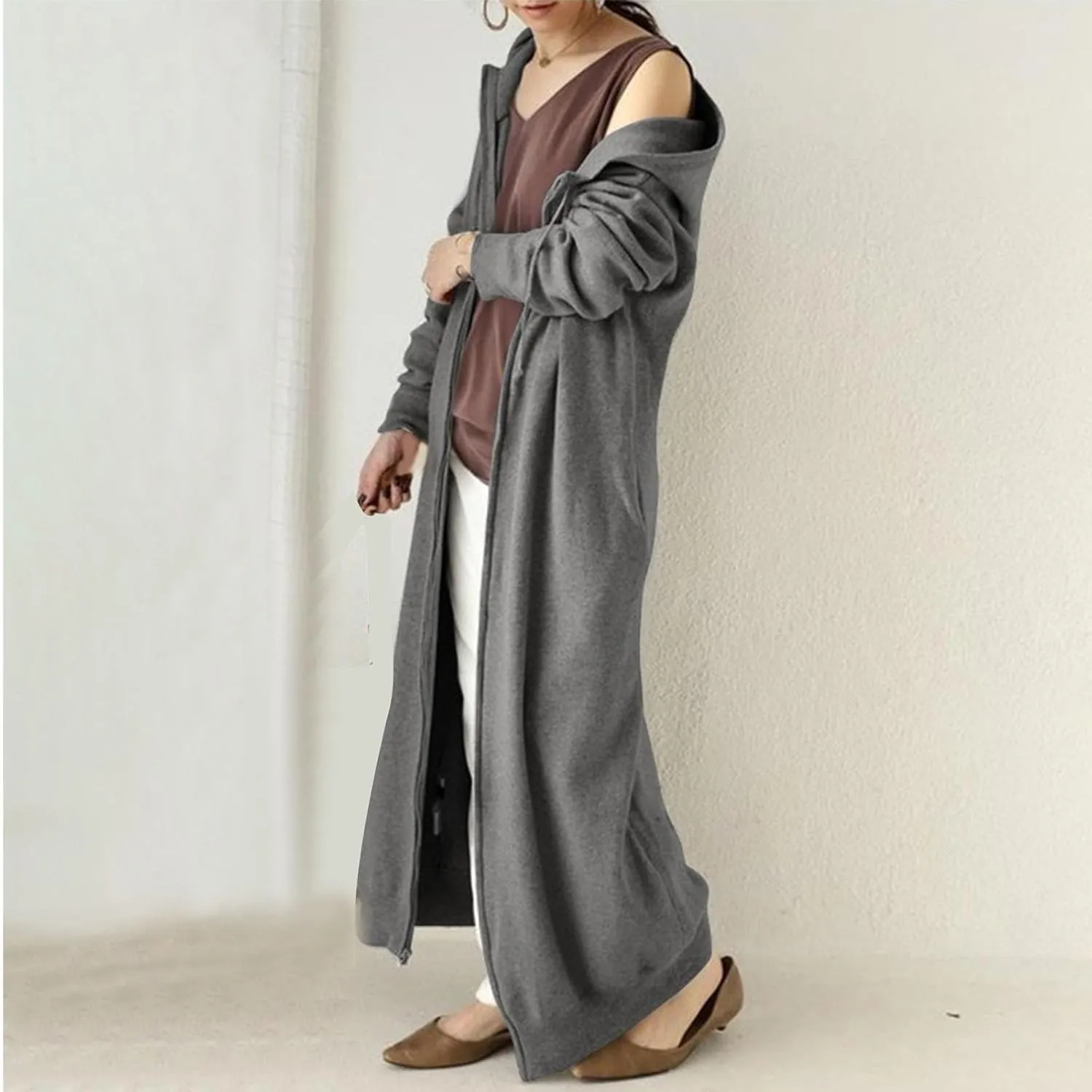 Womens Fashion Zip Up Jackets Ankle Length Hooded Coat Long Sleeve Drawstring Slouchy Novelty Loose Comfy Hoodies