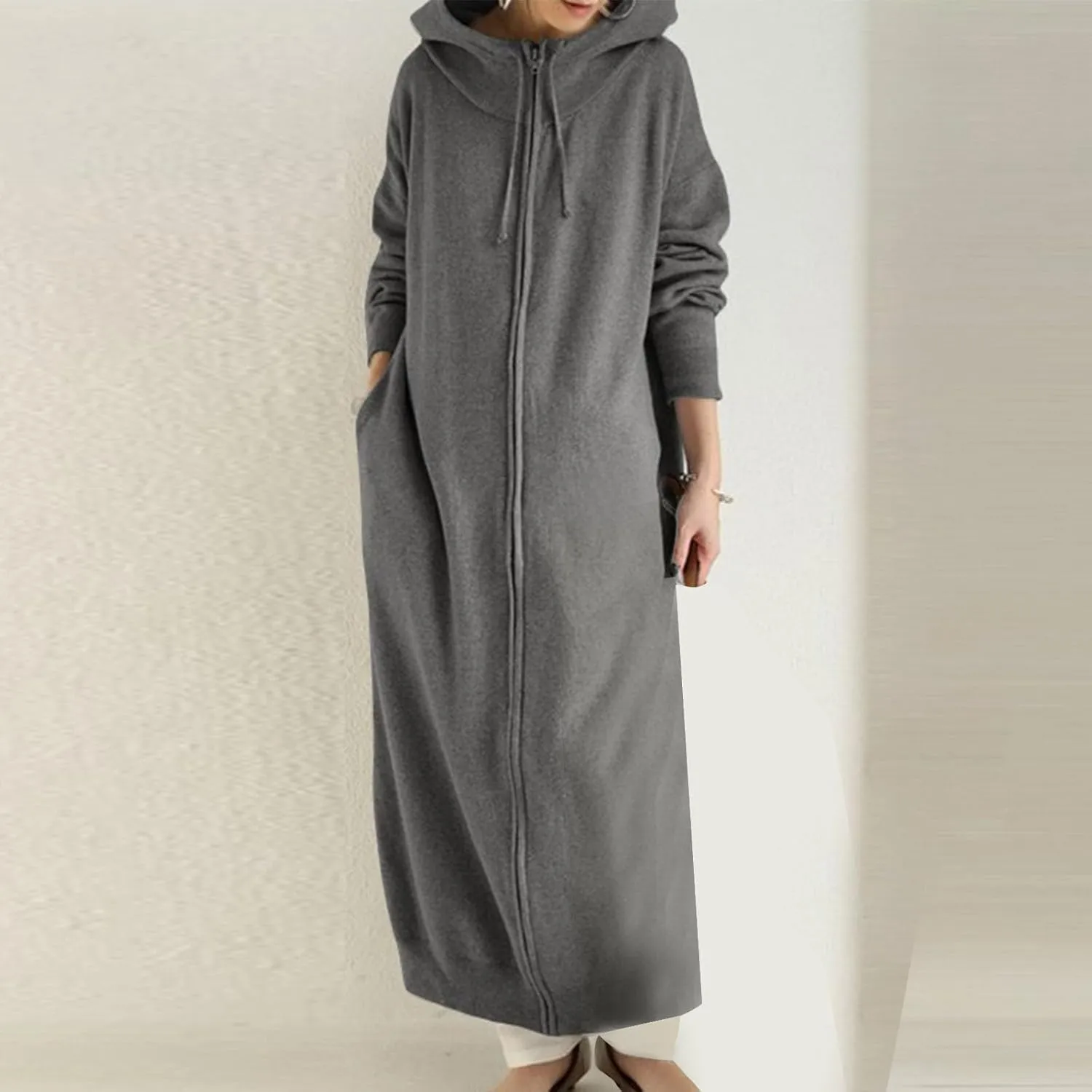 Womens Fashion Zip Up Jackets Ankle Length Hooded Coat Long Sleeve Drawstring Slouchy Novelty Loose Comfy Hoodies