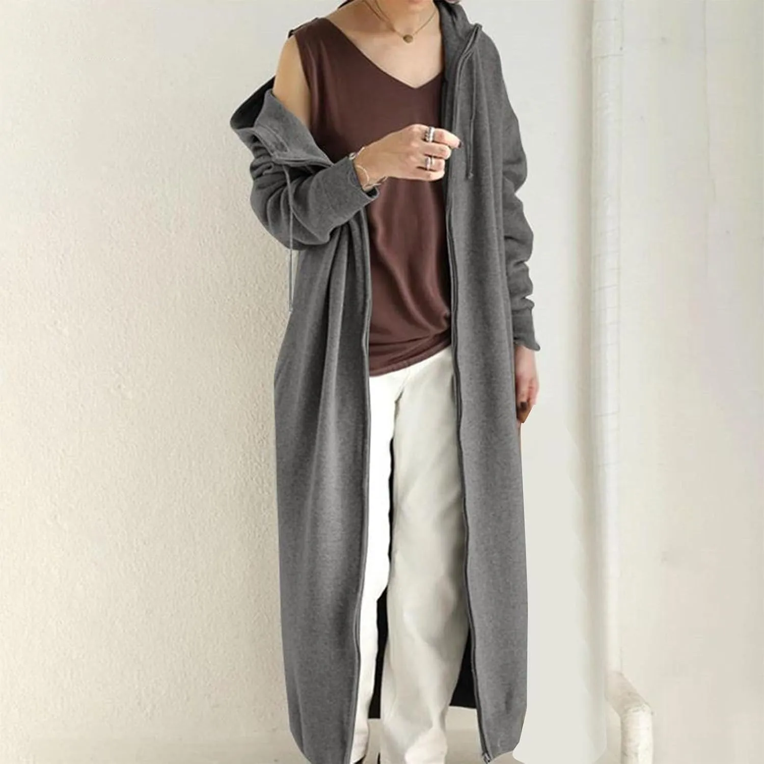 Womens Fashion Zip Up Jackets Ankle Length Hooded Coat Long Sleeve Drawstring Slouchy Novelty Loose Comfy Hoodies