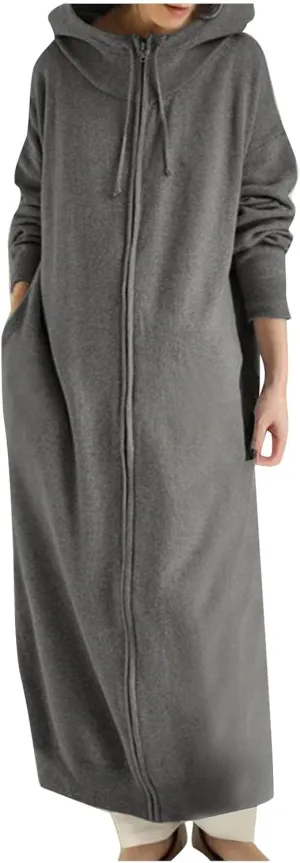 Womens Fashion Zip Up Jackets Ankle Length Hooded Coat Long Sleeve Drawstring Slouchy Novelty Loose Comfy Hoodies