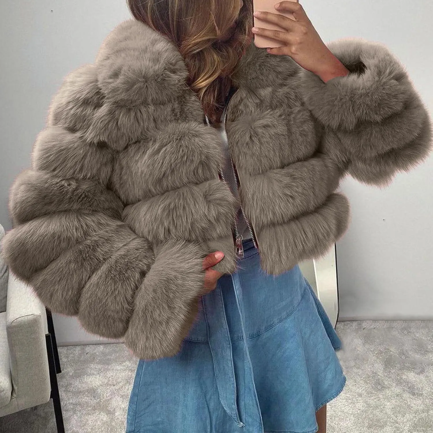 Women's Faux Fur Jacket Casual Fashion Cropped Coat Fluffy Shaggy Solid Outerwear Winter Warm Hooded Cardigan