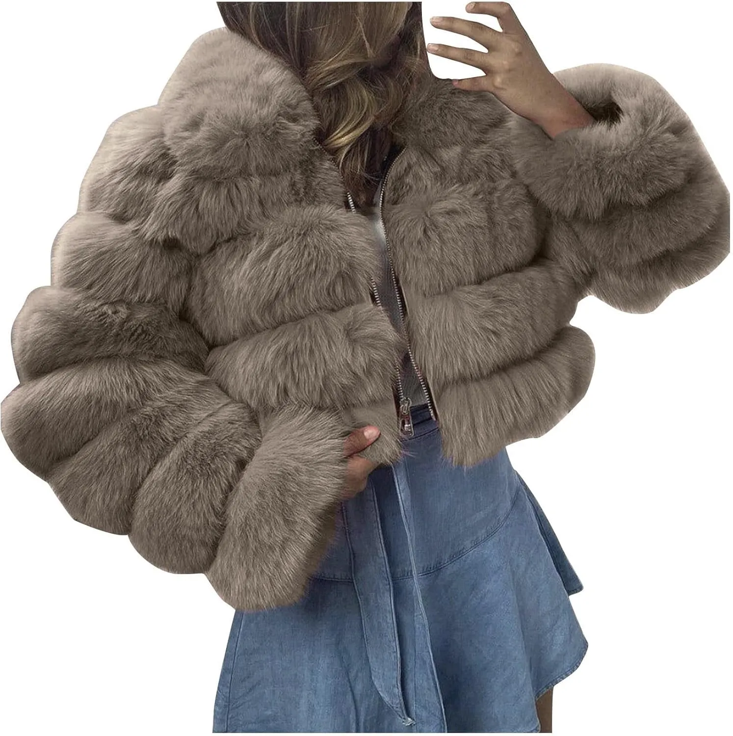 Women's Faux Fur Jacket Casual Fashion Cropped Coat Fluffy Shaggy Solid Outerwear Winter Warm Hooded Cardigan