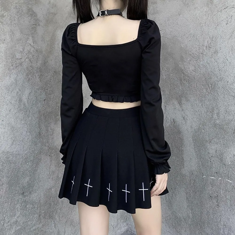 Women's High Waisted Pleated A Line Mini Skirt Skort with Shorts Elastic Waist Black Mini Skirts