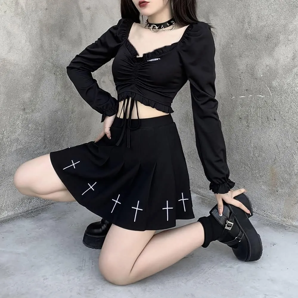 Women's High Waisted Pleated A Line Mini Skirt Skort with Shorts Elastic Waist Black Mini Skirts
