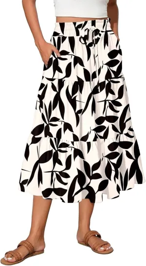 Womens Ruffled Tiered Floral Midi Skirts Casual High Waist Flowy Swing Dress 2025 Summer Boho Long Skirt with Pockets