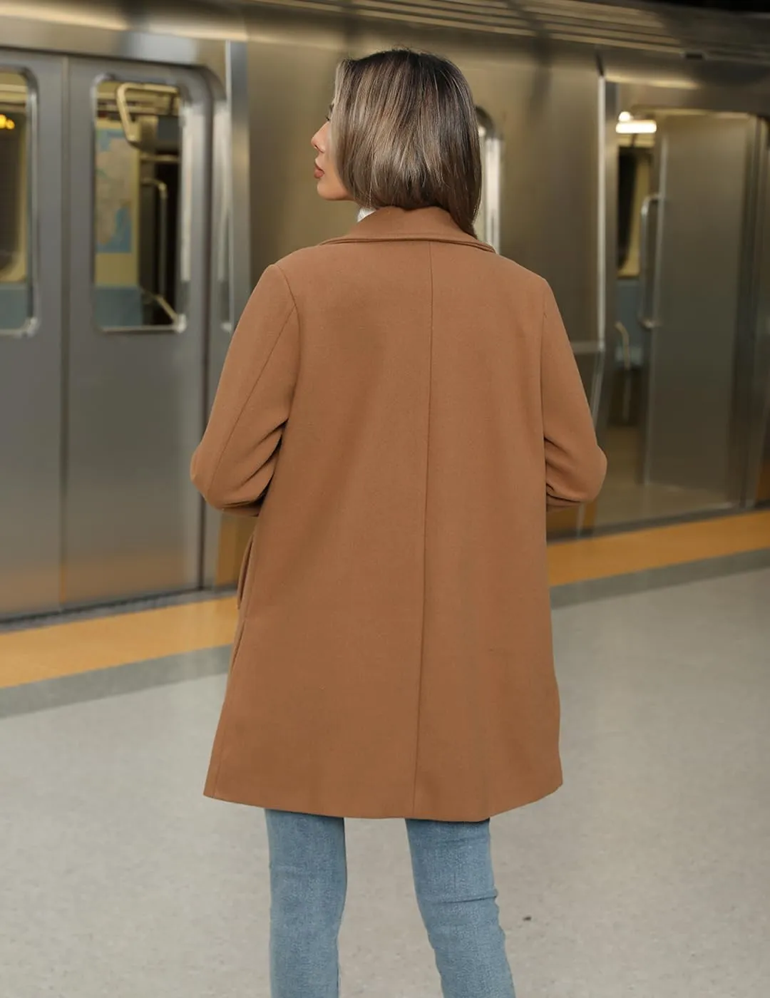 Women's Wool Blend Trench Coat Casual Lapel Overcoat Outerwear Long Sleeve Classic Single-Breasted Peacoat Jacket