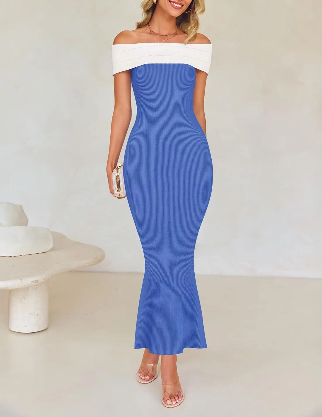 ZESICA Women's 2025 Summer Off The Shoulder Ribbed Knit Sweater Dresses Sleeveless Color Block Party Bodycon Maxi Dress