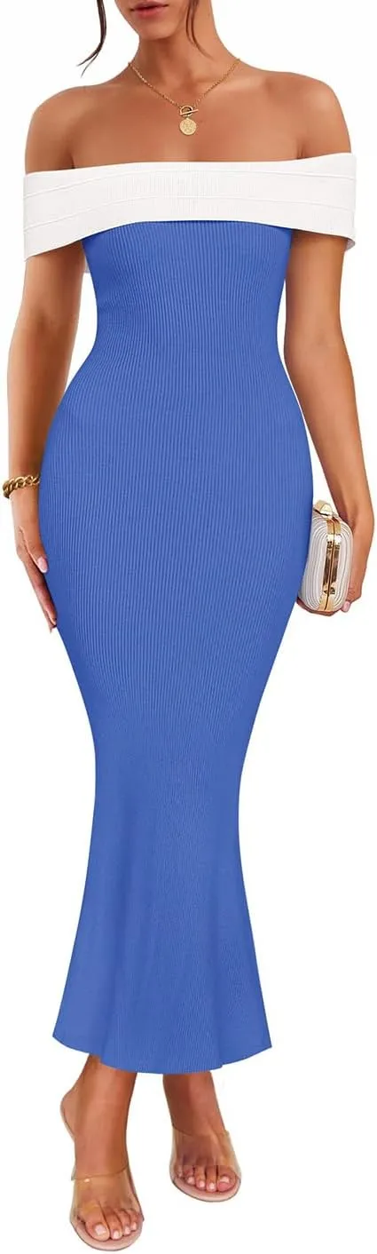 ZESICA Women's 2025 Summer Off The Shoulder Ribbed Knit Sweater Dresses Sleeveless Color Block Party Bodycon Maxi Dress