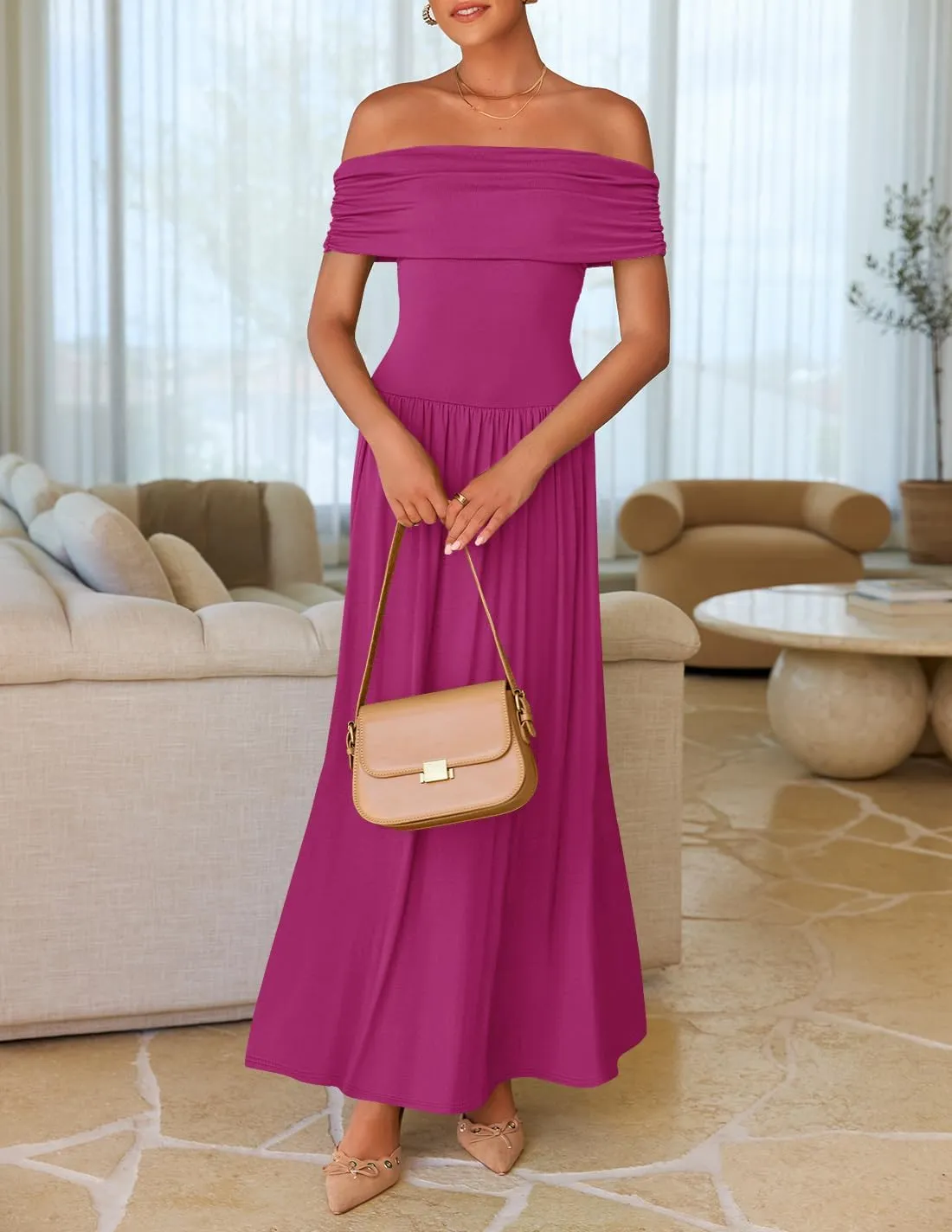 ZESICA Women's Off The Shoulder Maxi Dress 2025 Summer Sleeveless Casual Slim Swing Pleated Formal Party Dresses