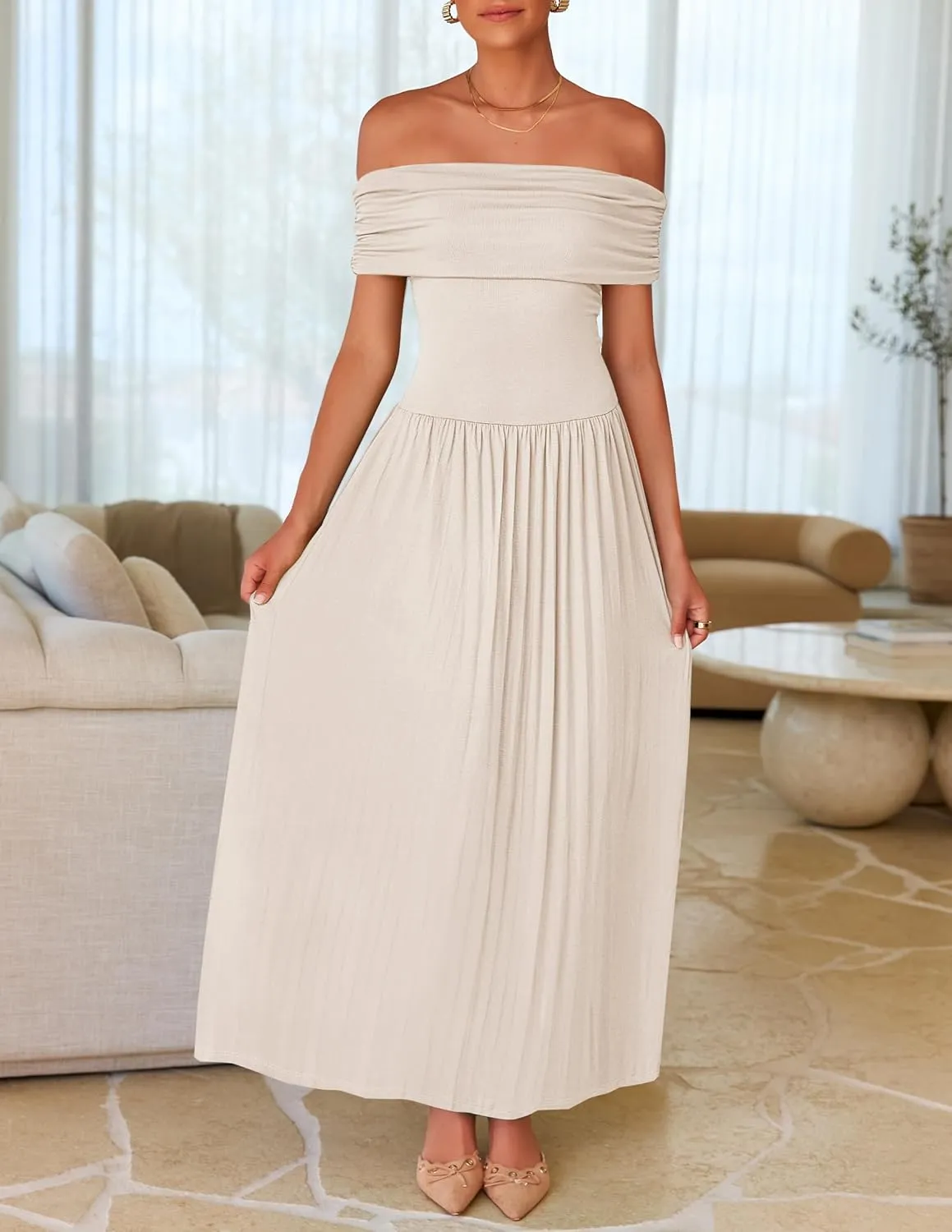 ZESICA Women's Off The Shoulder Maxi Dress 2025 Summer Sleeveless Casual Slim Swing Pleated Formal Party Dresses