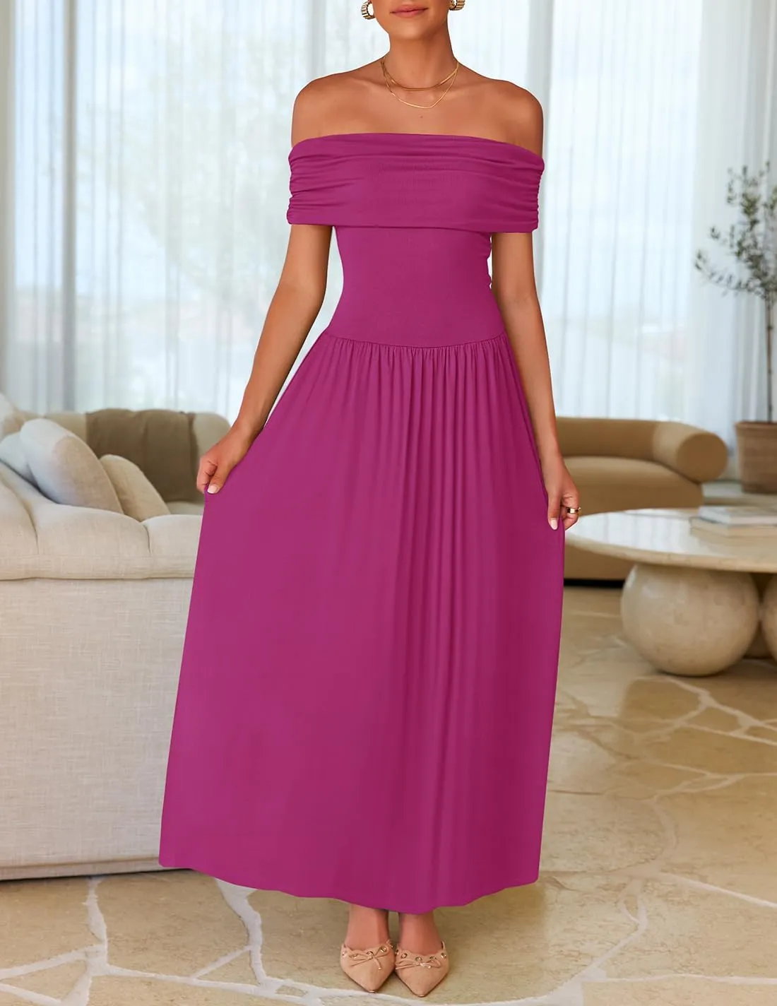 ZESICA Women's Off The Shoulder Maxi Dress 2025 Summer Sleeveless Casual Slim Swing Pleated Formal Party Dresses