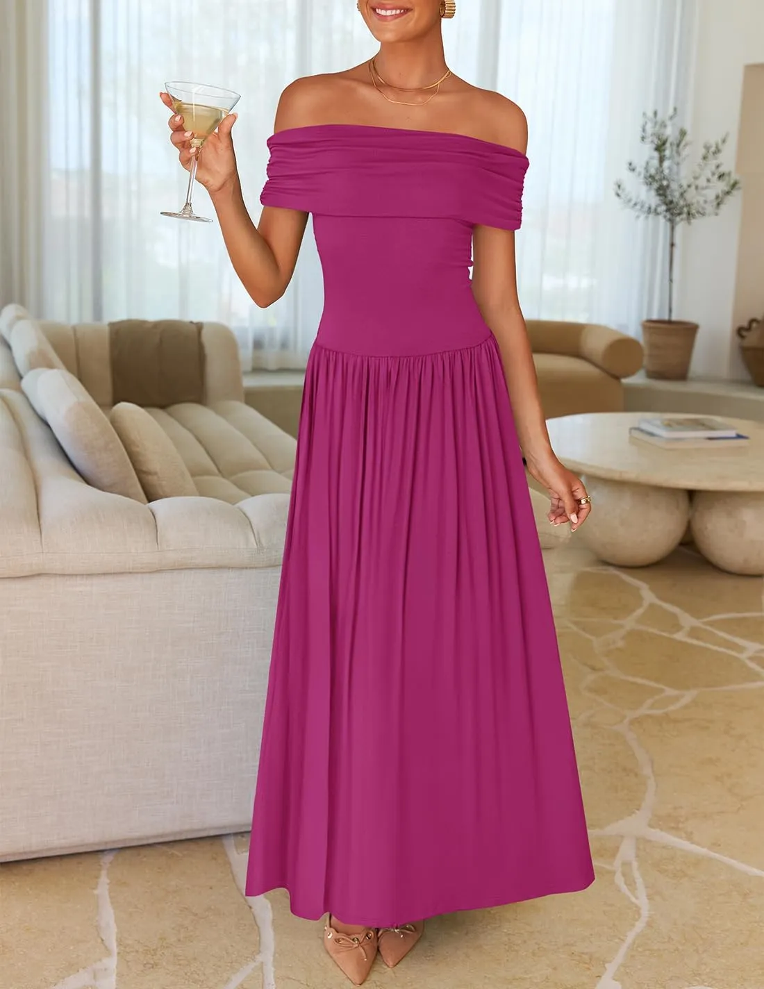 ZESICA Women's Off The Shoulder Maxi Dress 2025 Summer Sleeveless Casual Slim Swing Pleated Formal Party Dresses
