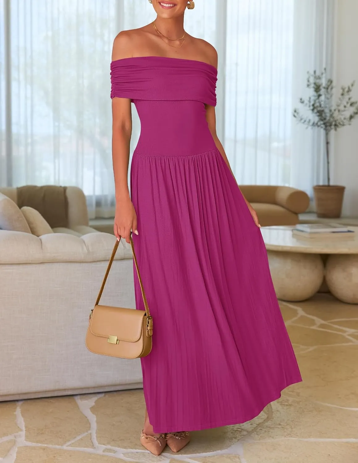 ZESICA Women's Off The Shoulder Maxi Dress 2025 Summer Sleeveless Casual Slim Swing Pleated Formal Party Dresses