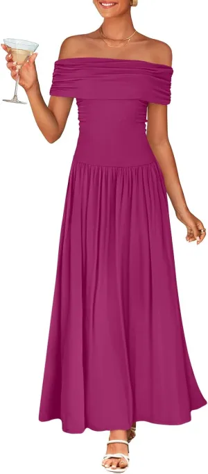 ZESICA Women's Off The Shoulder Maxi Dress 2025 Summer Sleeveless Casual Slim Swing Pleated Formal Party Dresses