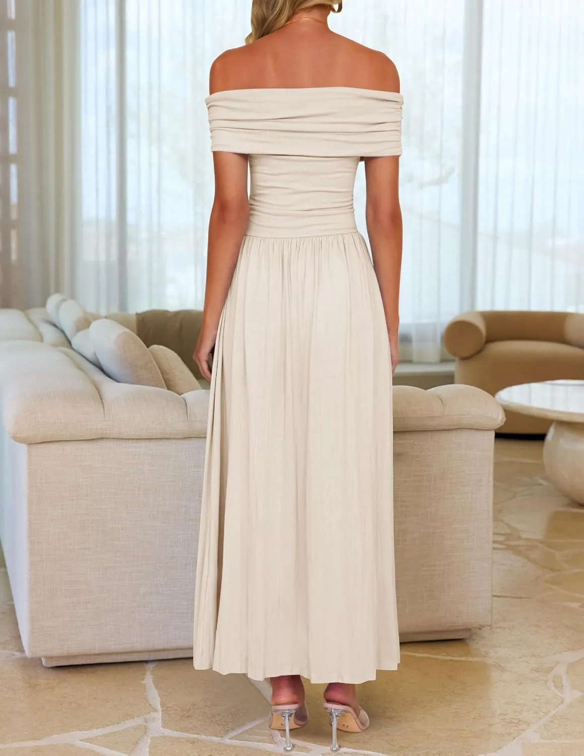 ZESICA Women's Off The Shoulder Maxi Dress 2025 Summer Sleeveless Casual Slim Swing Pleated Formal Party Dresses