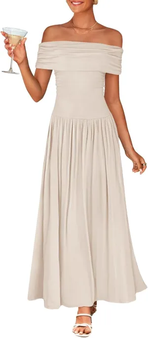 ZESICA Women's Off The Shoulder Maxi Dress 2025 Summer Sleeveless Casual Slim Swing Pleated Formal Party Dresses