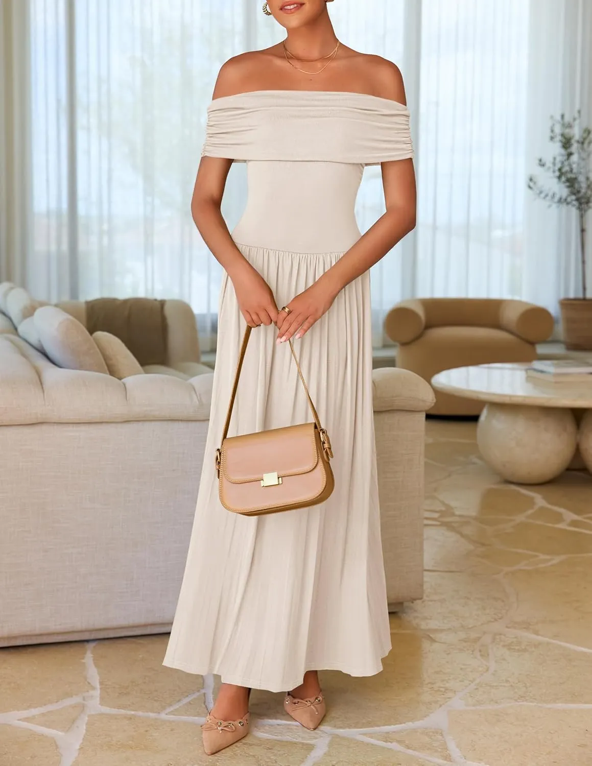 ZESICA Women's Off The Shoulder Maxi Dress 2025 Summer Sleeveless Casual Slim Swing Pleated Formal Party Dresses