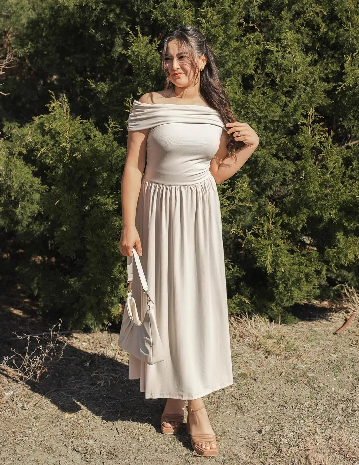 ZESICA Women's Off The Shoulder Maxi Dress 2025 Summer Sleeveless Casual Slim Swing Pleated Formal Party Dresses