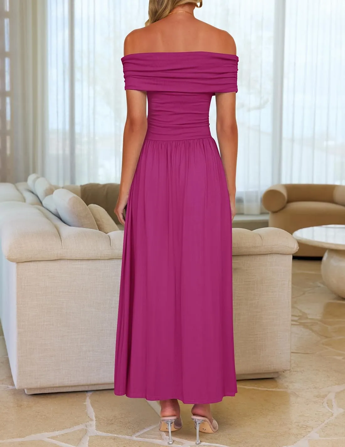 ZESICA Women's Off The Shoulder Maxi Dress 2025 Summer Sleeveless Casual Slim Swing Pleated Formal Party Dresses
