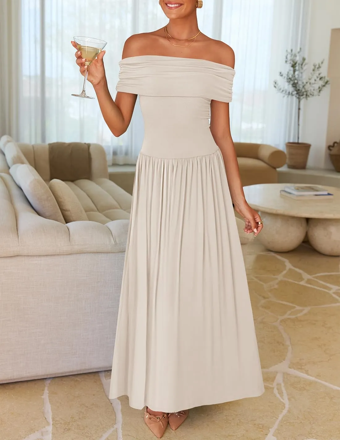 ZESICA Women's Off The Shoulder Maxi Dress 2025 Summer Sleeveless Casual Slim Swing Pleated Formal Party Dresses